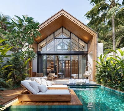 Front view of Villa Nila with private turquoise pool and tropical modern architecture in Ubud, Bali.