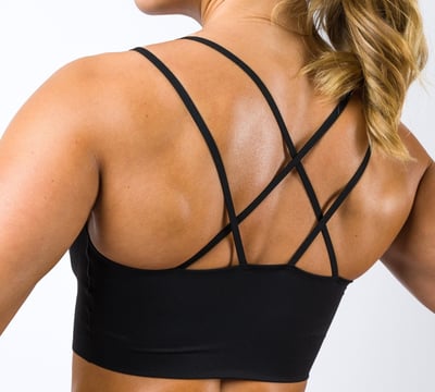 Rongzhiyue: Woman in black sports bra with elastic strip