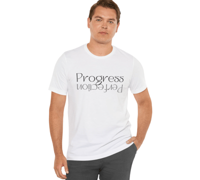 a man in a white shirt with the words progress is not enough for you