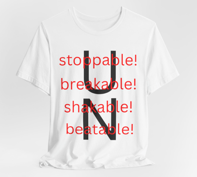 a white t - shirt with a black and red text that says, stop and