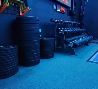 Bumper plates and dumbbells in a gym. There is a treadmill in thebackground and a black wall