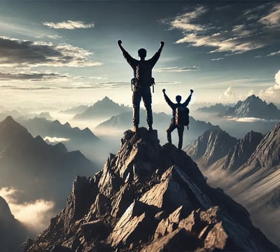 Personne célébrant au sommet d'une montagne, symbolisant la réussite de ses ambitions par la confiance en soi.