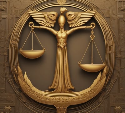 A large, formal courtroom featuring wooden furnishings, including benches, tables, and chairs arranged in a structured layout. The walls are light-colored with a high ceiling and ventilation panels. Artwork is displayed, including portraits on the walls and an emblem above the main area.