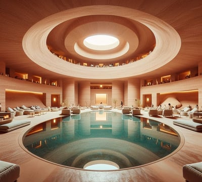 a large indoor swimming pool with a circular pool