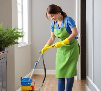 A person wearing a blue uniform and gloves is pushing a cleaning cart adorned with multiple small Union Jack flags. The environment appears to be a busy place, possibly a station or airport, with people in the background walking or standing.