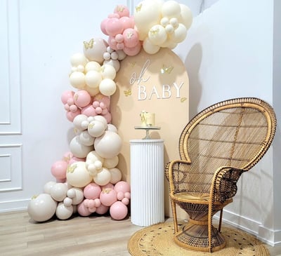 Butterfly themed Oh Baby balloon backdrop rental 