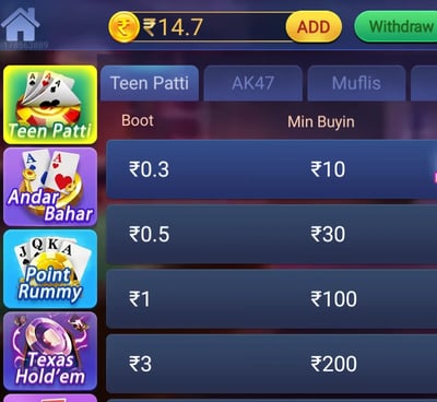 number of tables available to play teen patti game