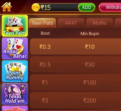 Play the 50 boot value Teen Patti Table to earn maximum