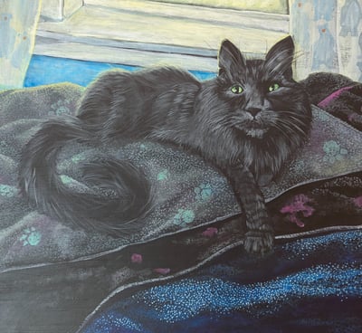 Acrylic portrait painting of a black long hair cat laying on his blanketed bean bag in front of a window.