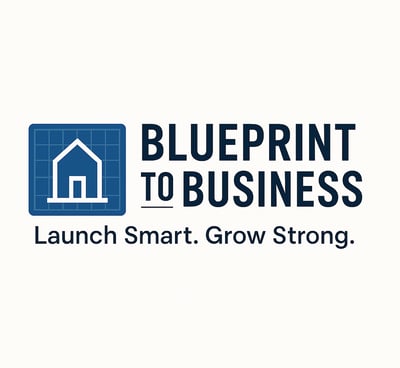 a blueprint business logo with a house in the background