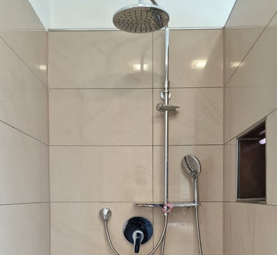 Tageslichtbad mit bodengleicher Dusche mit mit Kopf- und Handbrause, Nische & Echtglastür