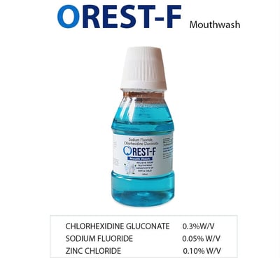 OREST-F Mouthwash – Chlorhexidine, Sodium Fluoride & Zinc Chloride formula for cavity protection.