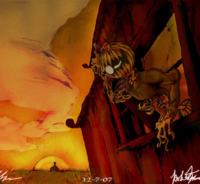 Jack O' Lantern digital art with vine arms wondering while looking out a window at sunset