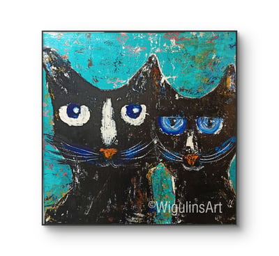 a painting of two cats sitting on a table