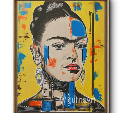 a painting of a woman with a blue and yellow face