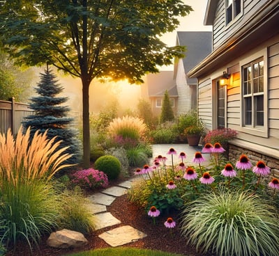 a garden with a pathway leading to a house
