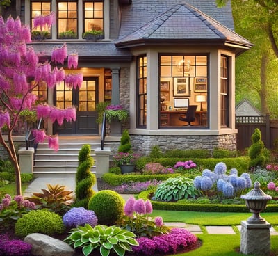 a house with a garden and a fountain