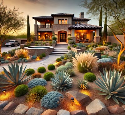 a house with a fountain in the middle of a garden
