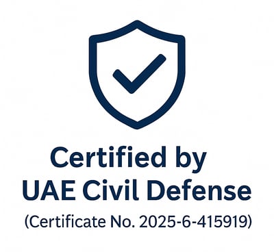 Certified by UAE Civil Defense badge with certificate number