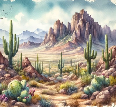 Watercolor painting of a desert landscape