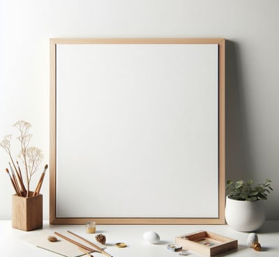 a blank white frame with a wooden frame and a plant in a vase