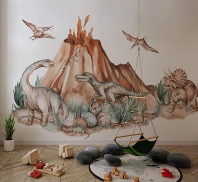 Dinosaurs Era and Volcano Wall Decal for Kids - Peel and Stick Dino Park Wall Sticker 