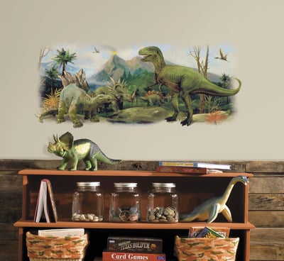 a shelf with a dinosaur and a shelf with books