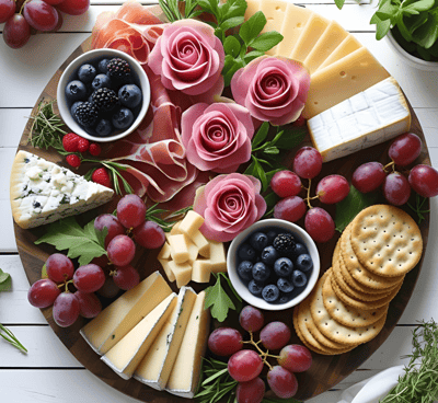 a platter of cheeses and grapes