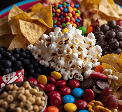 a plate of food that includes chips, chips, and candy