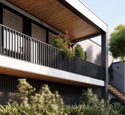 a building with a staircase and a staircase leading up to a balcony