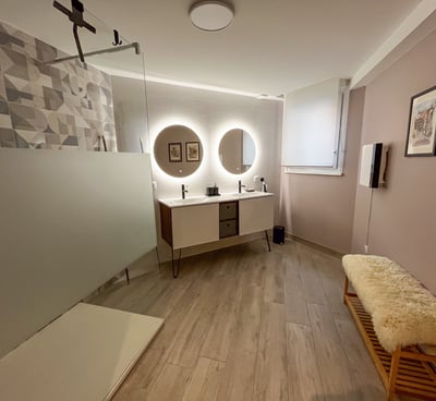 a bathroom with a bench