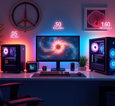 a desk with a computer monitor and speakers