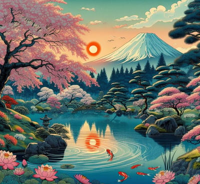 Dall-e 2. un jardín japonés a la falda del Fuji, estilo Ukiyo-e