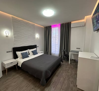 a bedroom with a bed and a television