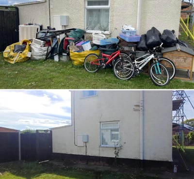 before and after pictures of waste removed from the side of a house in worcester city