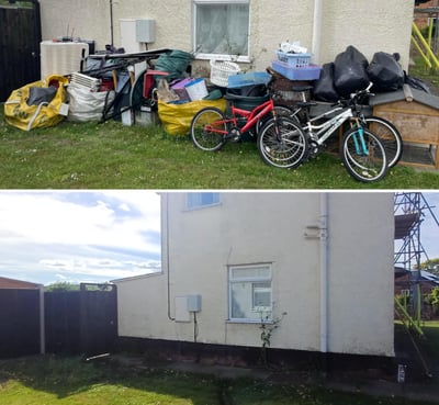 before and after pictures of waste removed from the side of a house in worcester city