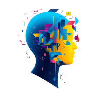Silhouette of a human head infused with AI art, futuristic aesthetic & yellow, blue, violet colors