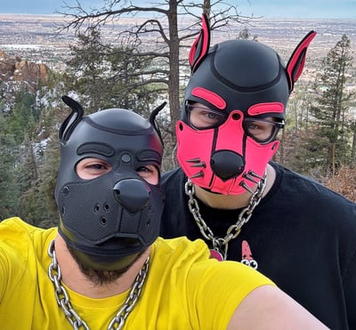 A couple posing in pup masks in the mountains.