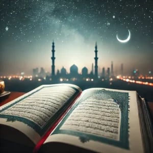 quran on a table with a view on the sky and quranic scripture