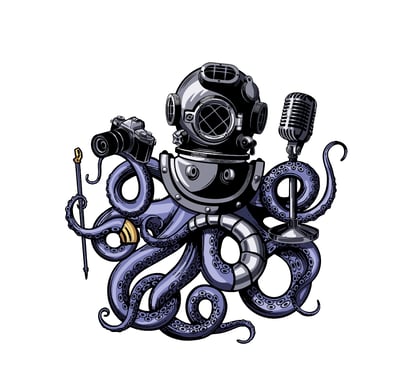 Octopus illustration, diving helmet, camera, microphone, vintage style, creative concept