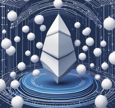 Symbols of Ethereumand Bitcoin are depicted using small white spheres on a blue, tiered platform, creating a modern and digital aesthetic.
