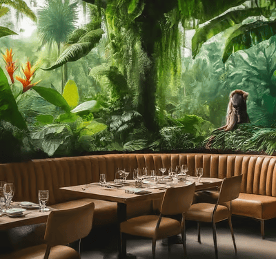 a restaurant with a large mural of a jungle