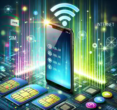 Fondo profesional con un smartphone moderno, barras de señal brillantes, y elementos dinámicos