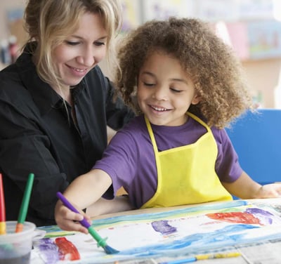 a woman and a child are smiling and having fun