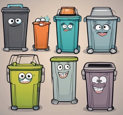 Two trash bins, one black plastic with a rectangular lid and the other a metallic barrel, are placed next to each other against a dark wall. A red wooden door and a broom are visible nearby, with scattered debris and dirt on the ground.