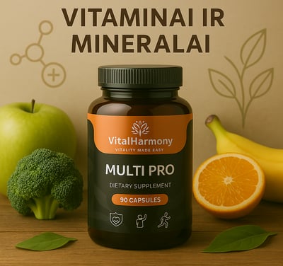 Platus vitaminų ir mineralų asortimentas, skirtas kasdienės sveikatos palaikymui ir organizmui.