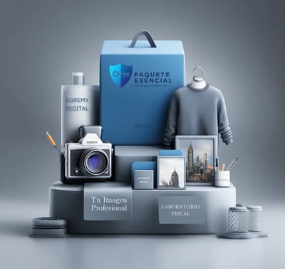 Kit Paquete Esencial Egremy Digital: caja azul, cámara, suéter y dispositivos para imagen profesional y laboratorio visual.