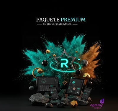 Explosión 3D turquesa y cobre con dispositivos y estrella R; Paquete Premium Egremy Digital, universo de marca.