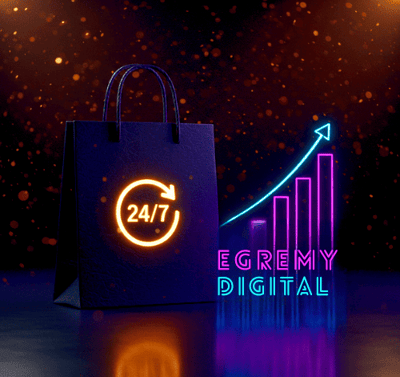 Bolsa de compras con icono 24/7 y gráfica ascendente neón; Egremy Digital impulsa ventas online todo el día.