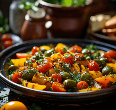 a plate of vegetables and herbs on a table